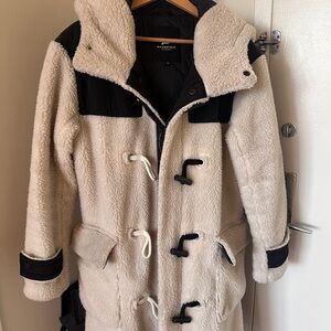 Cream Sherpa Toggle Coat with Black Accents